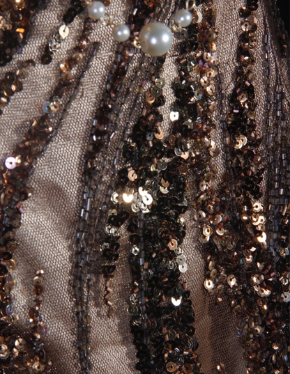 Retro Dark Brown Sleeveless Satin Sequin Beaded Long Evening Dress Birthday Dress D2290