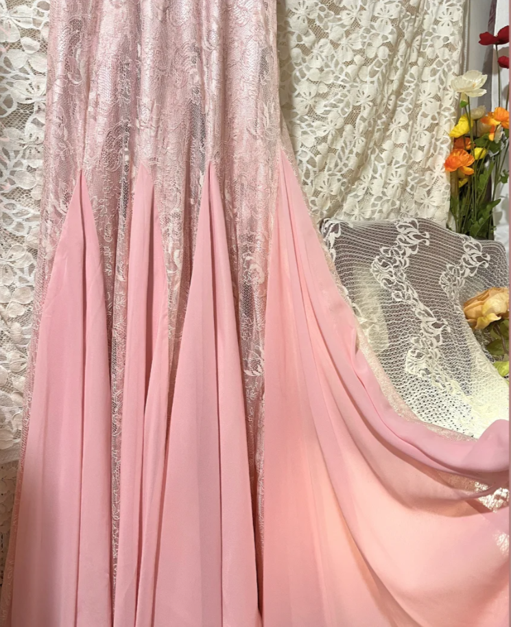Classy V Neck Pink Lace Chiffon Mermaid Long Wedding Guest Dress Formal Prom Dress Party Gown