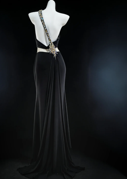 Sexy Black Satin Beaded Mermaid Slit Party Dress One Shoulder Long Wedding Guest Dress SP1574