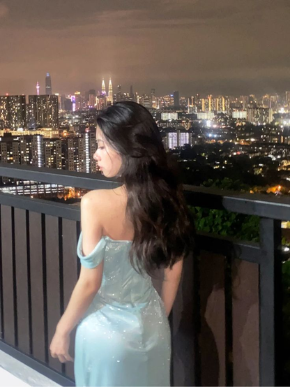 Shiny Baby Blue Off the Shoulder Satin Sequin Mermaid Slit Prom Dress Long Birthday Evening Dress SP1733