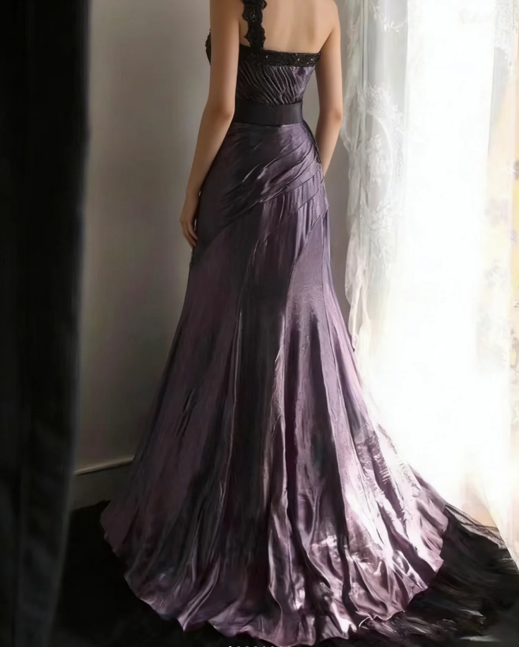 Unique One Shoulder Purple Satin Pleated Tulle Appliques Long Party Dress Birthday Prom Dress D2321