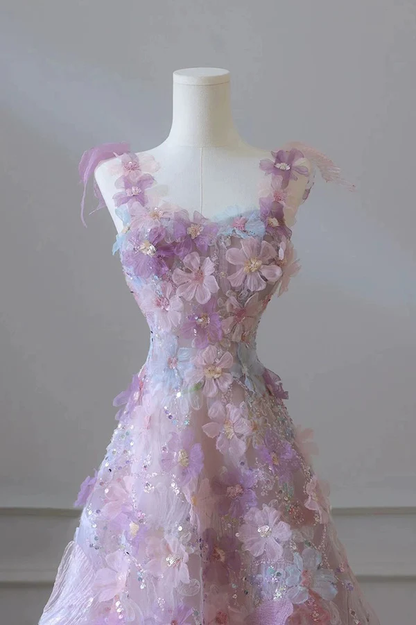 Purple 3D Flower A-Line Prom Dress, Long Party Dress  MD7227