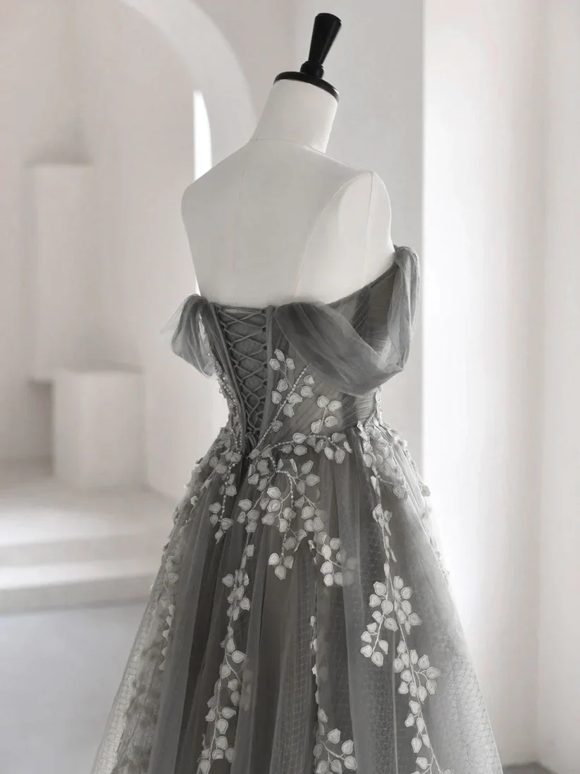 Grey Off Shoulder A-Line Tulle Appliques Long Formal Party Dress MD7248