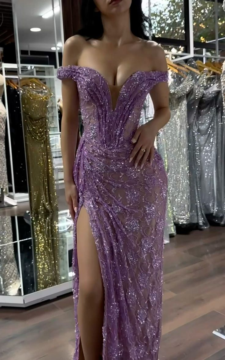 Elegant Off The Shoulder Purple Lace Pleated Slit Mermaid Prom Dress Long Birthday Evening Gowns SP1737