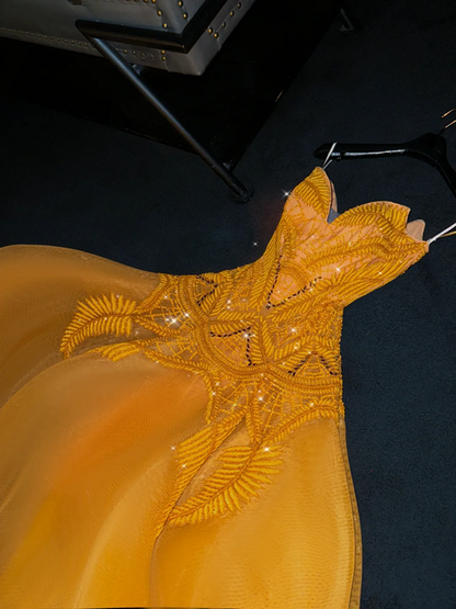 Mustard yellow halter-neck, fitted waist, full skirt, mid-length ball gown, bridal dress R8798