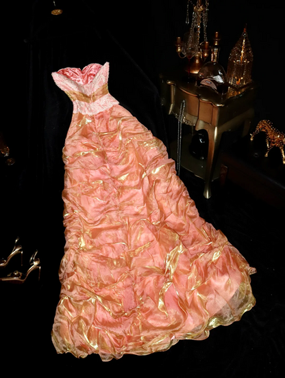 Gold and pink strapless long ball gown with a cinched waist and pleated skirt R6971