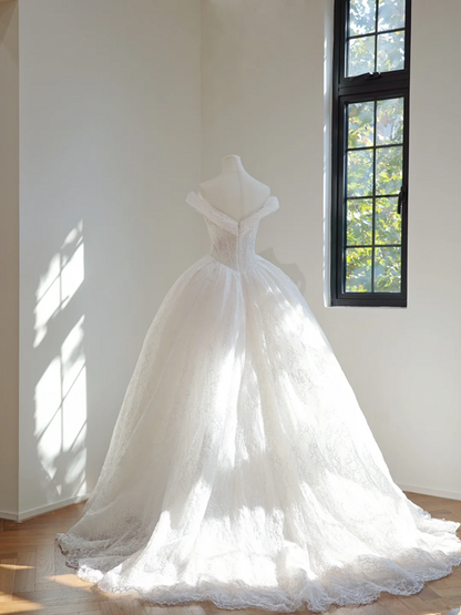 White off-the-shoulder, fitted waist, full skirt, long ball gown, bridal dress R8457