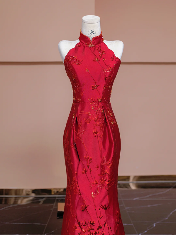 Red sleeveless fitted waist slim-fitting Chinese-style sexy and elegant ball gown/bridal dress R8339