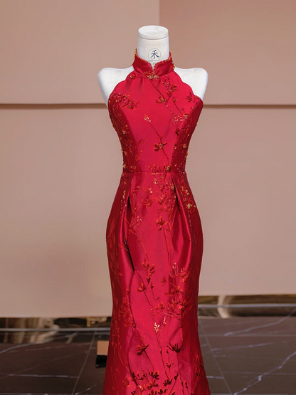 Red sleeveless fitted waist slim-fitting Chinese-style sexy and elegant ball gown/bridal dress R8339