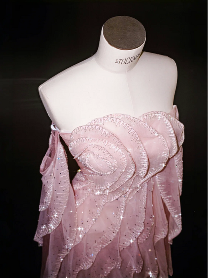Pink tube top girl waist cute long skirt, prom dress R5621