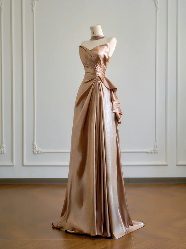 Brown strapless fitted waist elegant satin long ball gown R8166