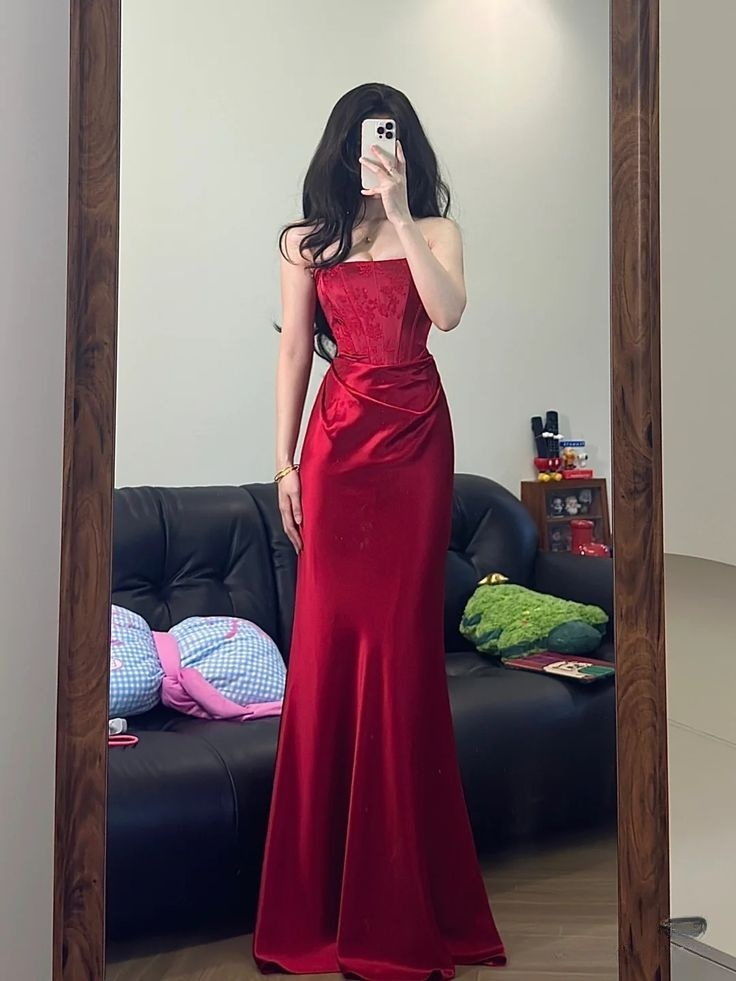 Sexy Red Strapless Mermaid Satin Long Evening Dresses Birthday Party Dresses, D1161