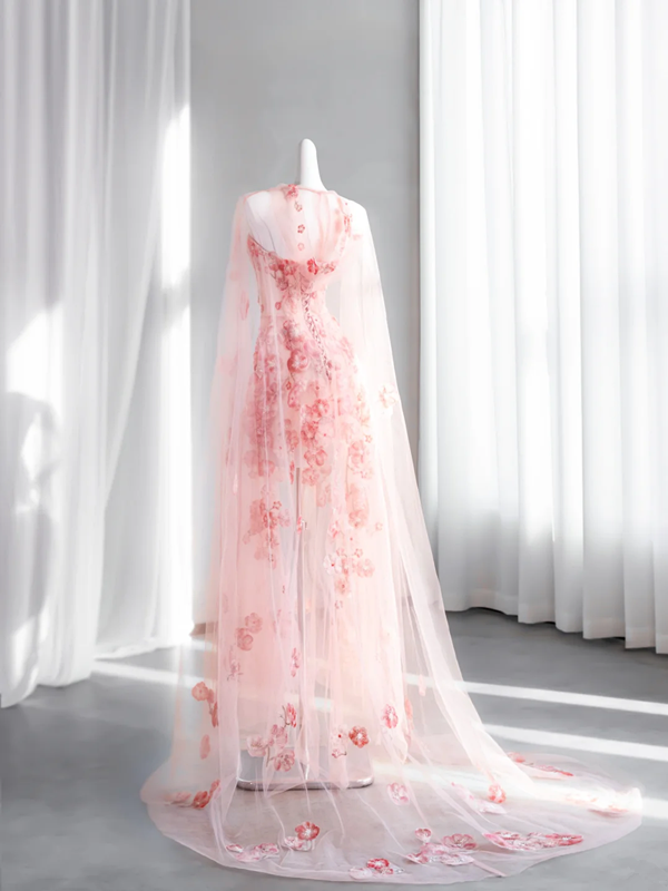 Light pink strapless fitted waist floral long ball gown, bridal dress R8427