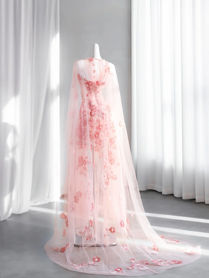 Light pink strapless fitted waist floral long ball gown, bridal dress R8427