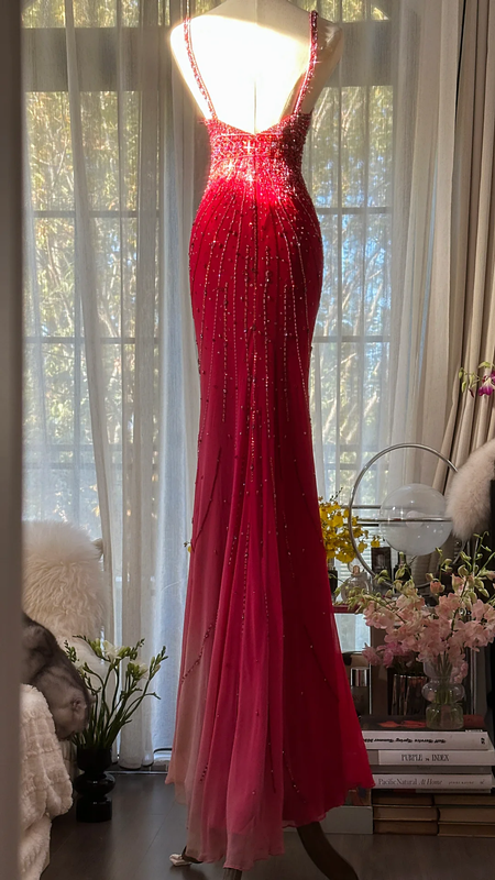 Pink halter-neck fitted slim-fit sexy rhinestone long ball gown R7727