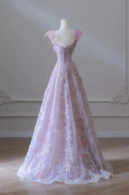Purple 3D Flower A-Line Prom Dress, Long Party Dress  MD7227