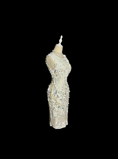 White sleeveless sequined fitted waist short ball gown R6612