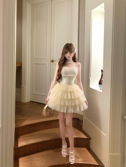 Apricot strapless tube top with slim waist and fluffy cake tulle skirt for homecoming dress R4252