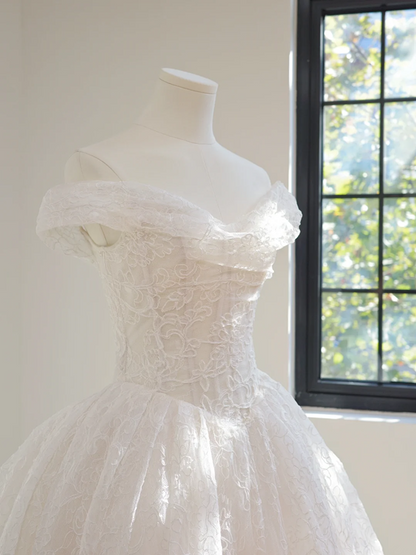 White off-the-shoulder, fitted waist, full skirt, long ball gown, bridal dress R8457