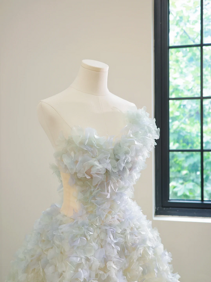 Light blue one-shoulder floral dress with a full skirt, long ball gown R8487