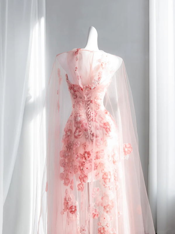 Light pink strapless fitted waist floral long ball gown, bridal dress R8427