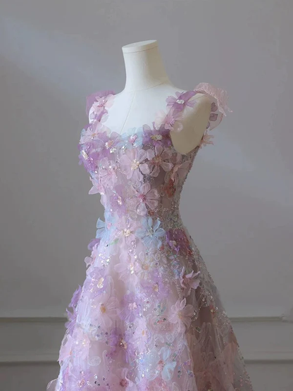 Purple 3D Flower A-Line Prom Dress, Long Party Dress  MD7227