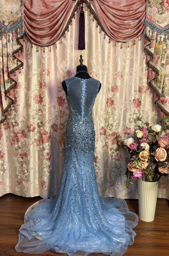 Sparkly Blue Tulle Beaded Mermaid Evening Dress Long Birthday Party Dresses SP1605