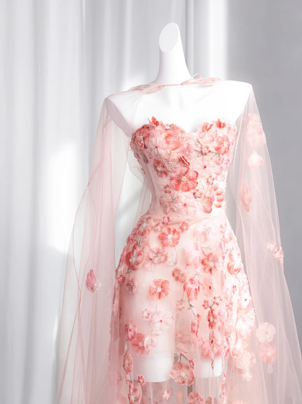 Light pink strapless fitted waist floral long ball gown, bridal dress R8427