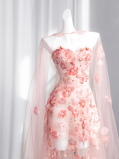 Light pink strapless fitted waist floral long ball gown, bridal dress R8427