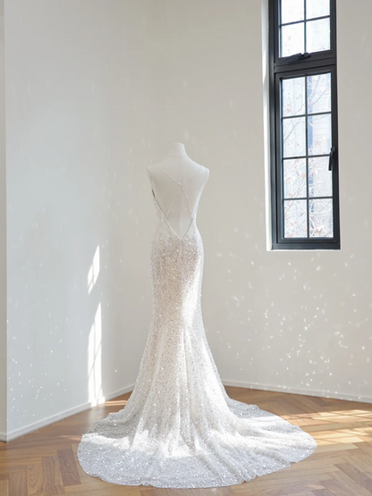White V-neck fitted waist long sexy ball gown/bridal dress R8515