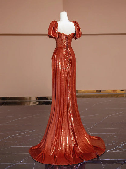 Orange-red square neckline fitted waist long ball gown, bridal dress R8311