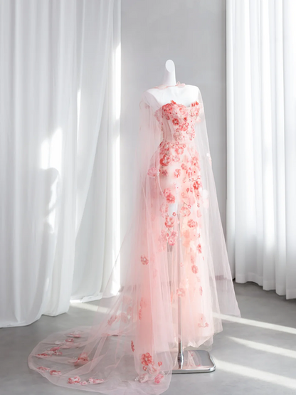 Light pink strapless fitted waist floral long ball gown, bridal dress R8427