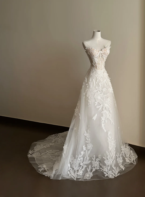 White strapless appliqué waist-cinched slim-fit long elegant prom dress, wedding dress R7958