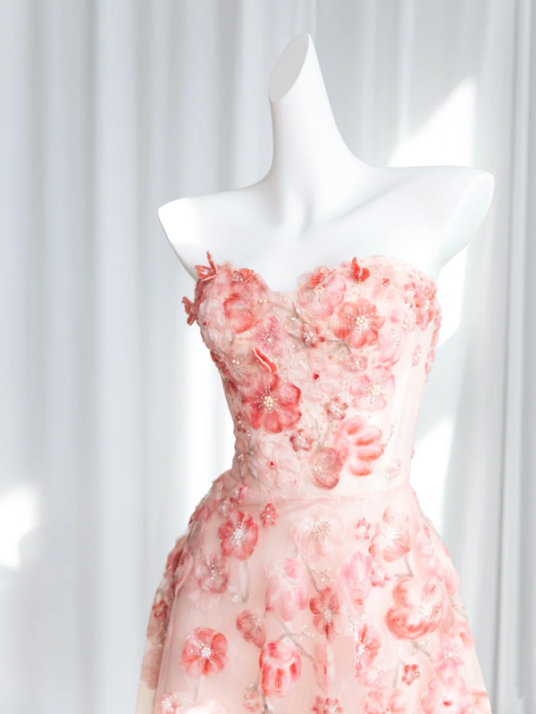 Light pink strapless fitted waist floral long ball gown, bridal dress R8427