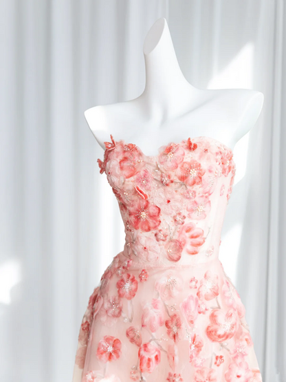 Light pink strapless fitted waist floral long ball gown, bridal dress R8427