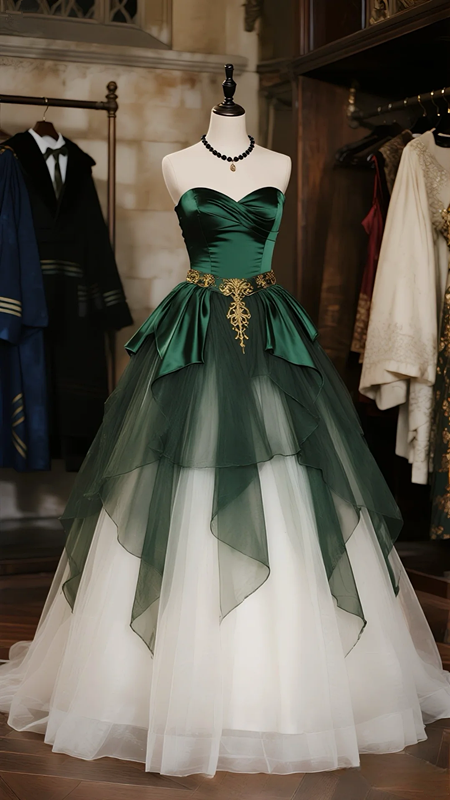 Green strapless slim waist puffy skirt long ball gown R6071