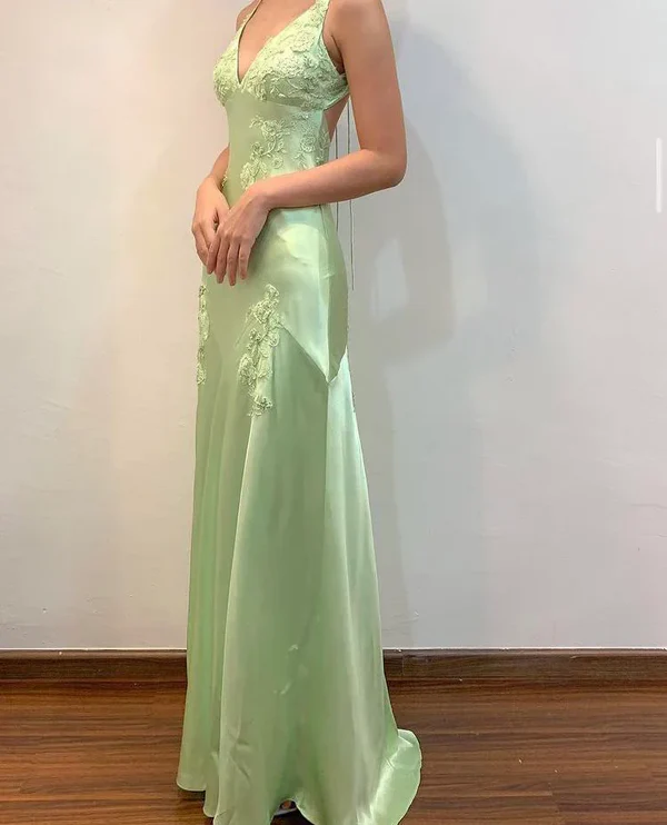 Sexy Mint Green V-Neck Beaded Prom Dress Evening Dress Backless Party Gown  cc2053