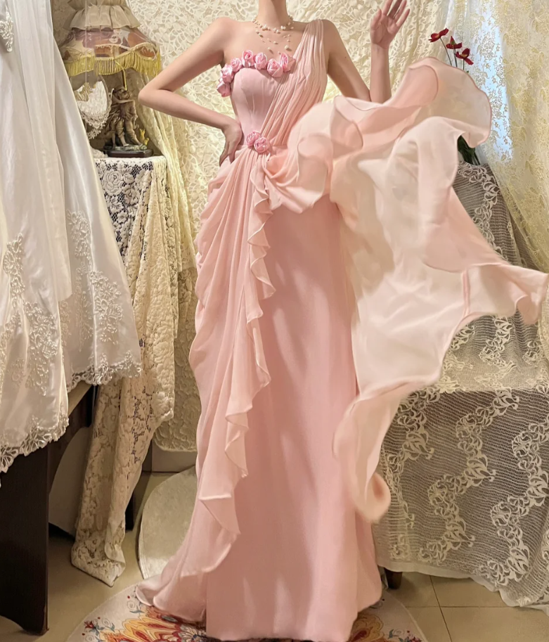 Pretty Pink Chiffon Pleated One Shoulder Mermaid Long Party Dress Evening Gown With Flowers