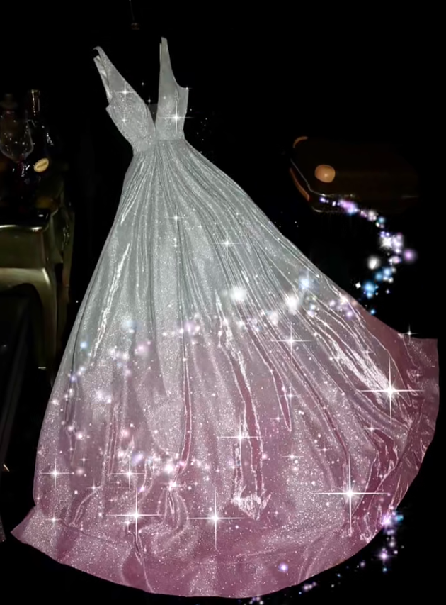 Gorgeous Deep V Ombre Pink Satin Sequin Long Prom Dreses Evening Gown