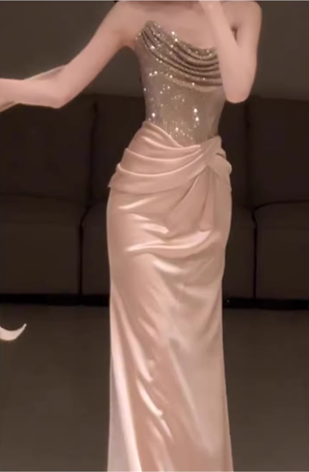 Elegant Strapless Sequin Satin Pleated Mermaid Long Party Dress Birthday Prom Dresses D2219