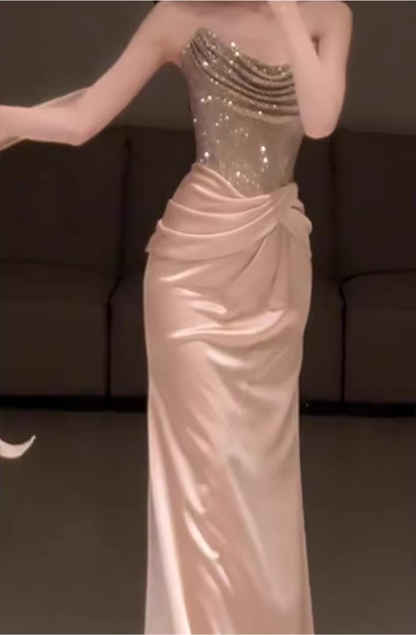 Elegant Strapless Sequin Satin Pleated Mermaid Long Party Dress Birthday Prom Dresses D2219