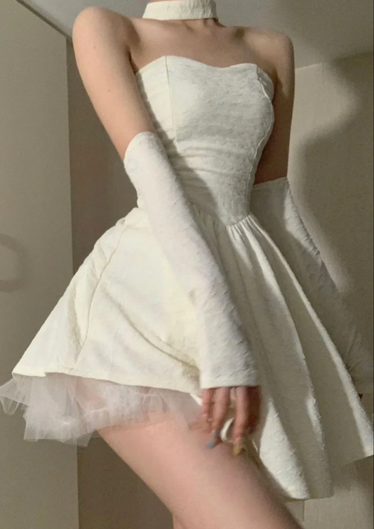 Classy Off White Strapless A Line Tulle Satin Short Prom Dress Formal Birthday Outfits D783