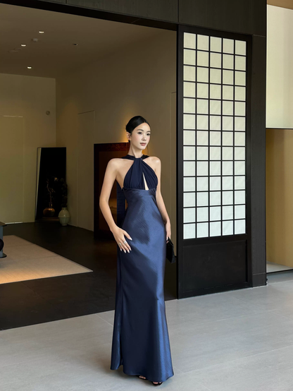Classy Sleeveless Navy Blue Satin Mermaid Long Wedding Guest Dress Formal Backless Party Dress Evening Gown