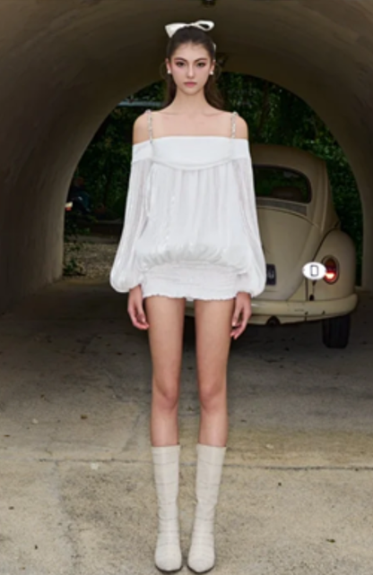 White light strap one shoulder long sleeve cute short skirt homecoming dress R4713