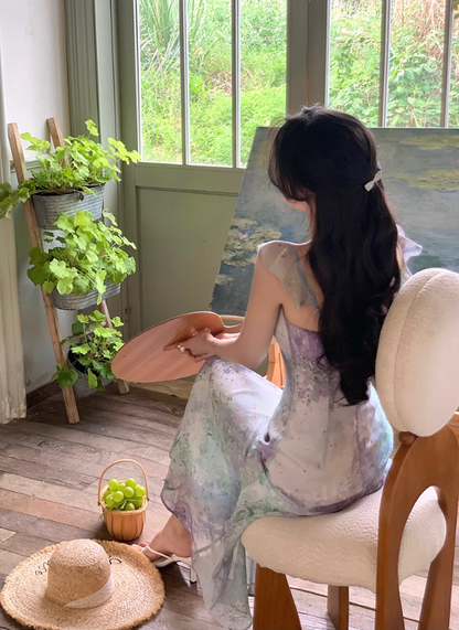 Beautiful oil painting style fishtail long skirt summer French retro gradient irregular suspender dress R4340