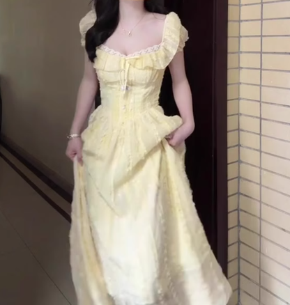 Gentle style yellow one-shoulder dress, beautiful waist temperament long dress R0815