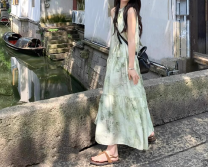 Ink painting halter neck dress seaside holiday style retro cool temperament skirt R0765