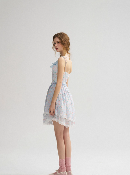 French blue skirt sweet floral suspender skirt holiday style ear-shaped short dress for women R3522