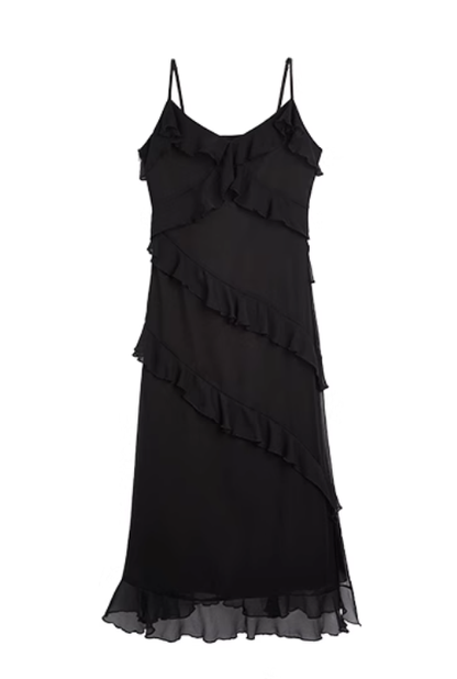 Tipsy sweet wine ruffled suspender skirt 2025 new slim black long dress Hepburn style R0092