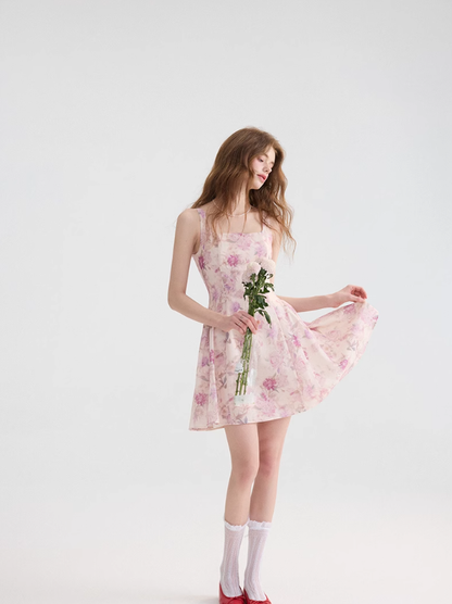 Floral suspender skirt outfit with waist-pinching dress pink short skirt for women in summer R3458